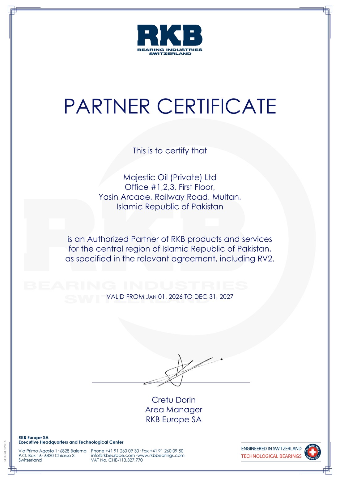 RKB Europe SA Authorised Partner Certificate 2026–2027 issued to Majestic Oil (Private) Ltd